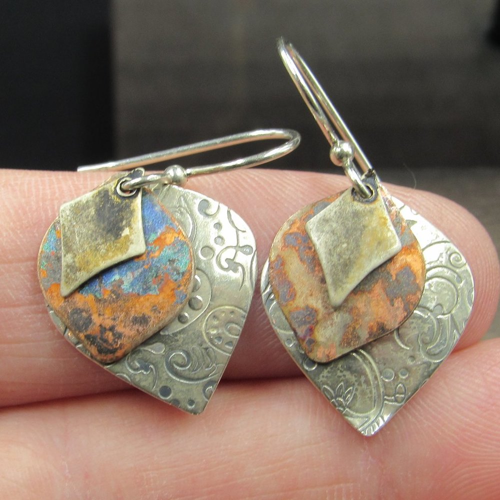 Sterling Silver Triple Shape Rustic Pattern Earri… - image 1